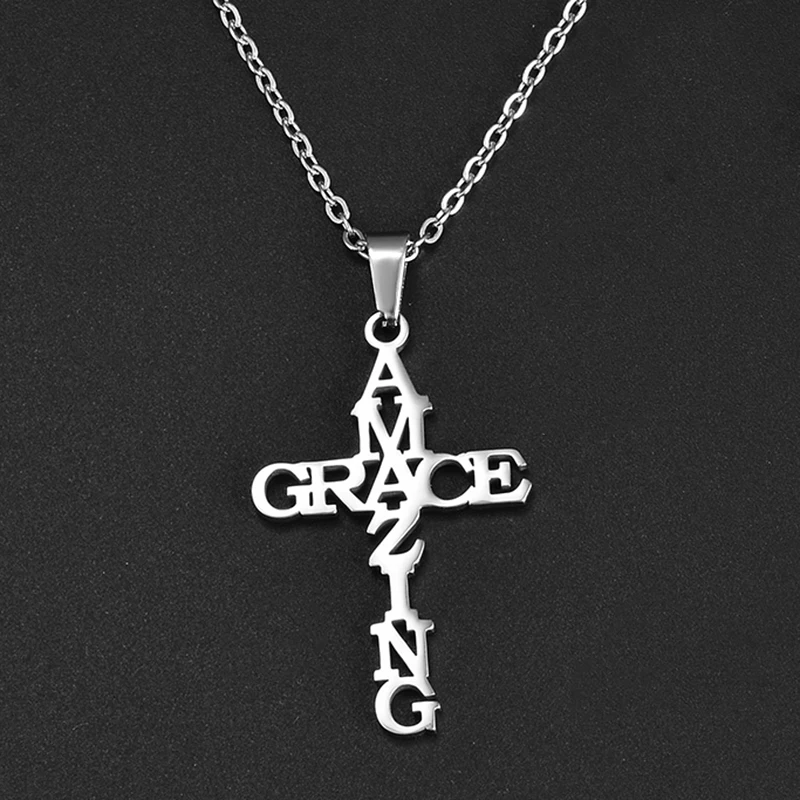 Stainless Steel Grace Amazing Name Pendant Cross Necklace For Women Men Best Friend Gift Fashion Jewelry Dropshipping