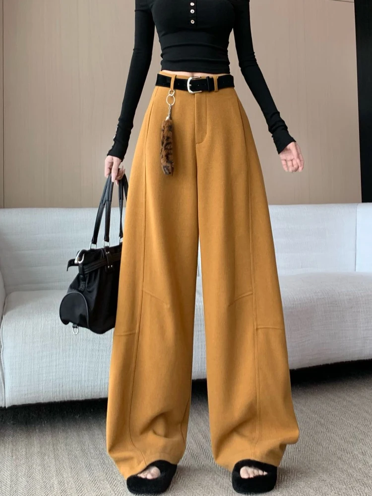 Traje Retro, pantalones de pierna ancha para mujer, diseño de otoño e invierno, pantalones con cuchillo curvo de pierna recta sueltos informales de cintura alta