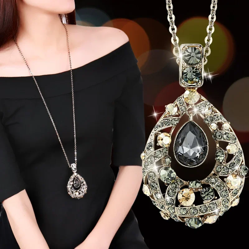 Vinatge Crystal Water Drop Sweater Long Necklaces for Women New Trendy Korean Fashion Clothes Pendant Geometric Jewelry