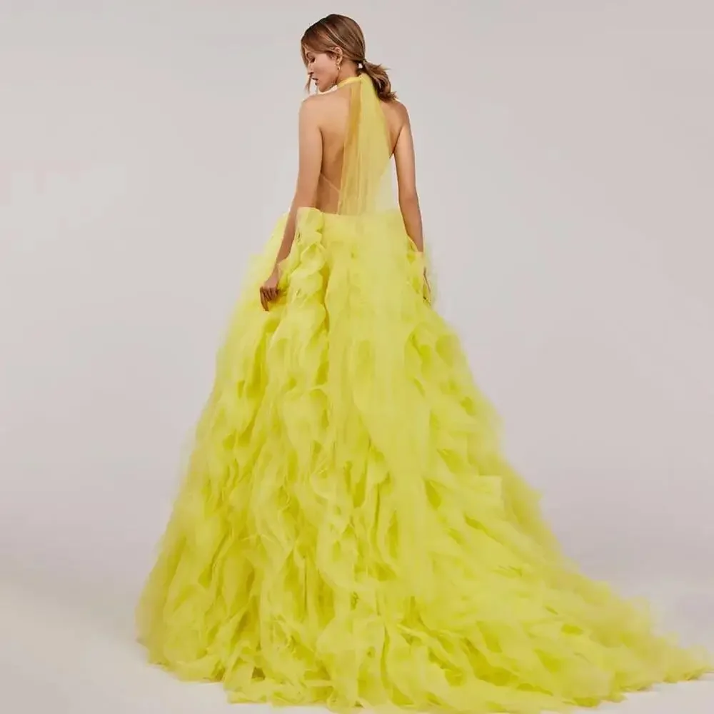 Lemon Yellow Tiered Prom Dresses Halter Backless Ruffled Long Evening Dress Wedding Party Gown