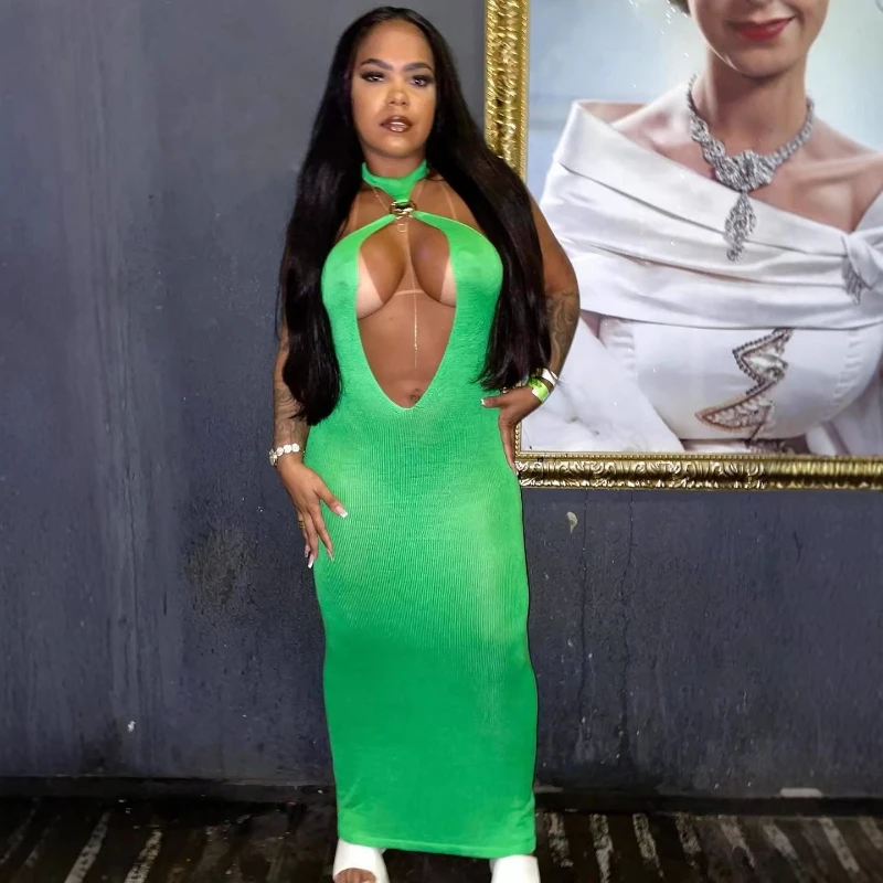 

Sexy Dress Women Long Dresses Vestidos Y2k Streetwear Deep V Neck Sleeveless Hip Wrap Elegant Halter Party Night Hollow Out