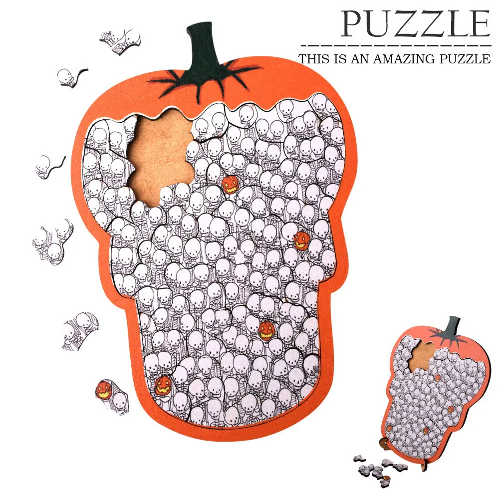 Cartoon Skull Pumpkin Jigsaw Puzzle High Difficulty Wooden Irregular Puzzle Fun Children Toys Creative Halloween Gifts UG378