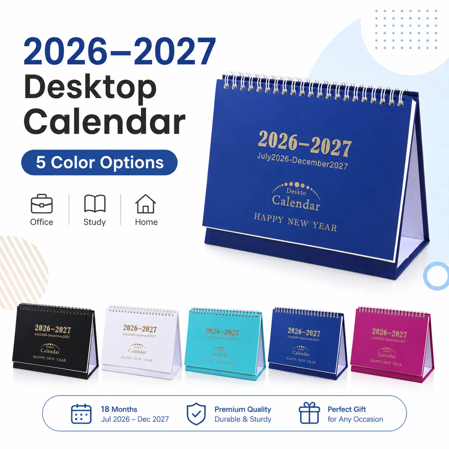 2026-2027 Desk Calendar 5 Colors 19cm Twin-Wire Binding Durable Stand Portable Foldable for Office Home School Decor
