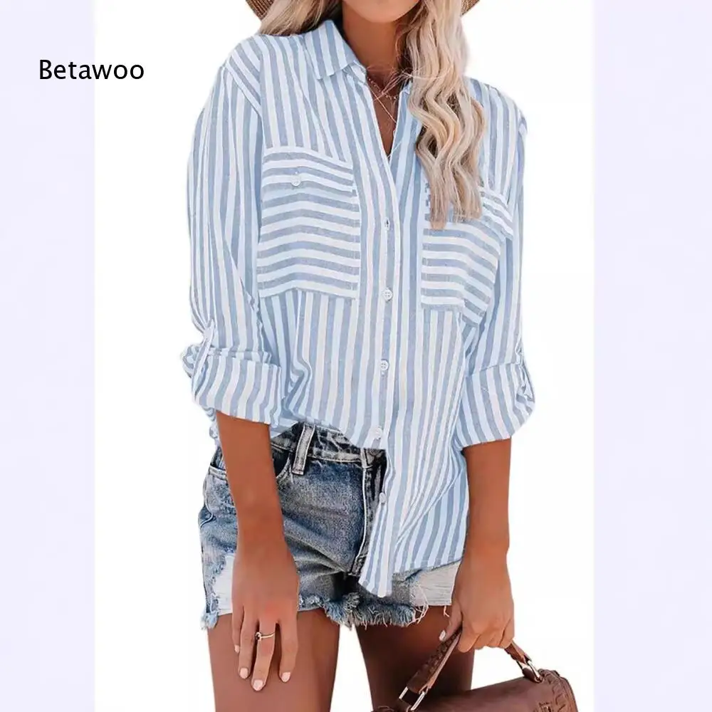Lightweight Blue White Stripe Shirt Women Point Collar Dual Chest Pocket Roll Sleeve Loose Basic Top