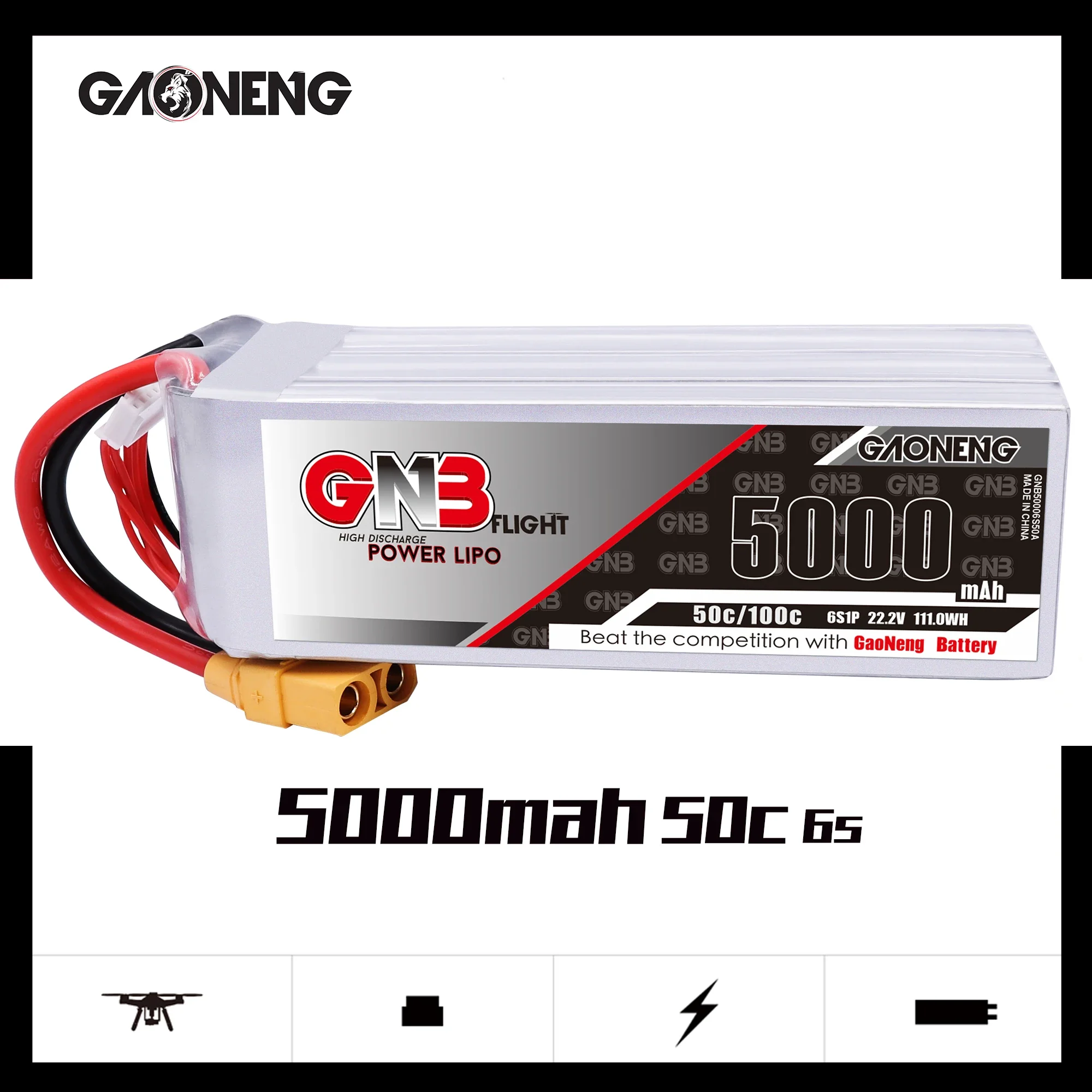 Gaoneng GNB 6S 5000mAh 6S1P 22.2V 50C/100C Lipo Battery with XT60 XT90 EC5 Plug for FPV Drone RC Helicopter Car Boat RC Parts