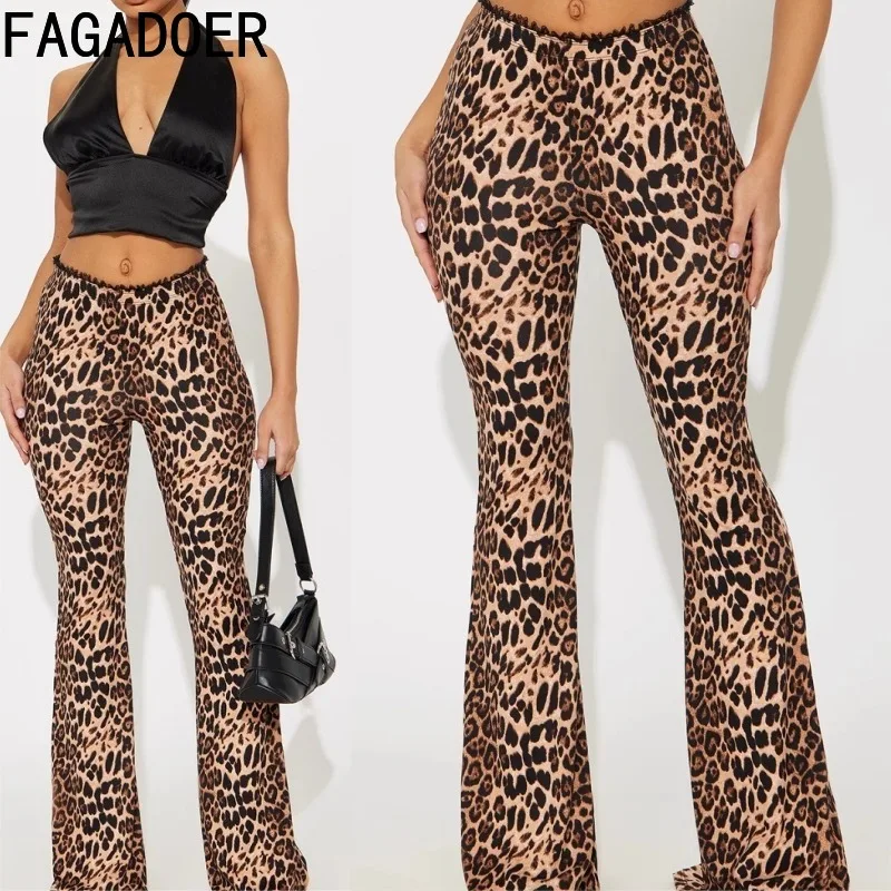 

FAGADOER Y2K Sexy Leopard Print Flared Pants Women High Wais lace patchwork Leggings Pants female Party Nightclub bottoms 2025