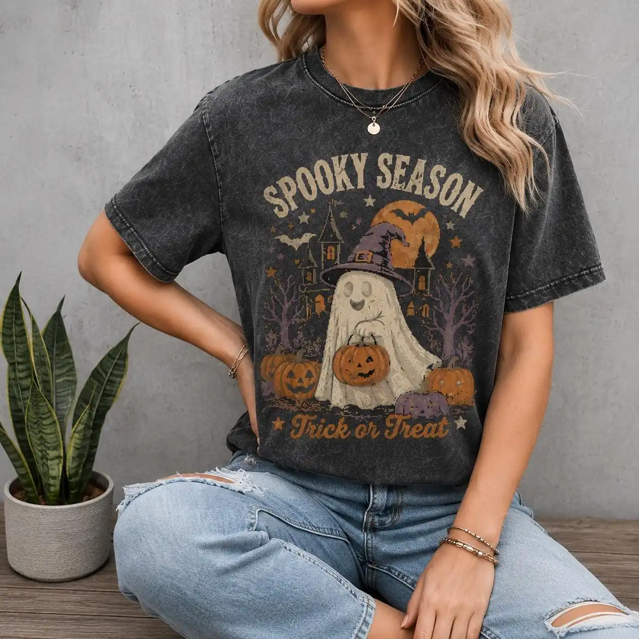 Retro Ghost Halloween T-Shirt, Spooky Season Pumpkin Haunted House Graphic Tee