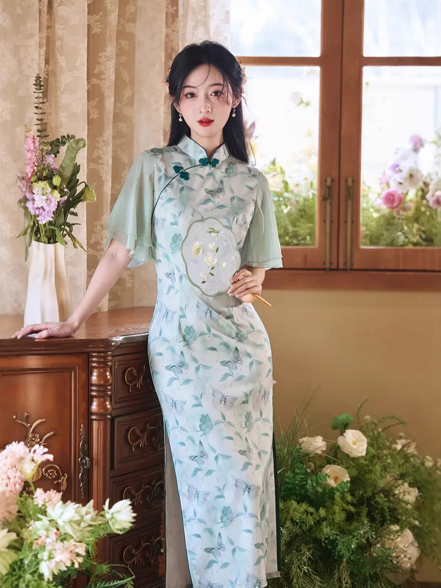 

2025 Spring/Summer New Style Daily Slimming Chinese Style Green Temperament Long Style Girl Improved Qipao Dress