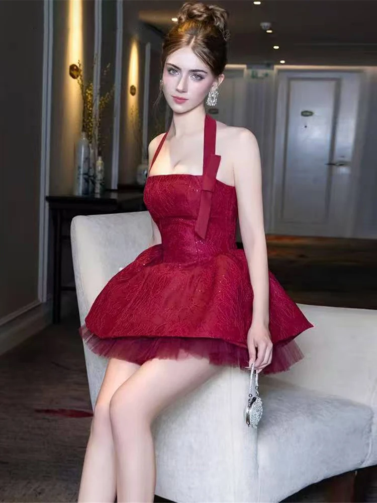 SIsterlinda Jacquard Sexy Dress +Mesh Puffy Skirt Women Noble Bow Sequin Sleeveless Halter Backless Stretch Birthday Party Suits