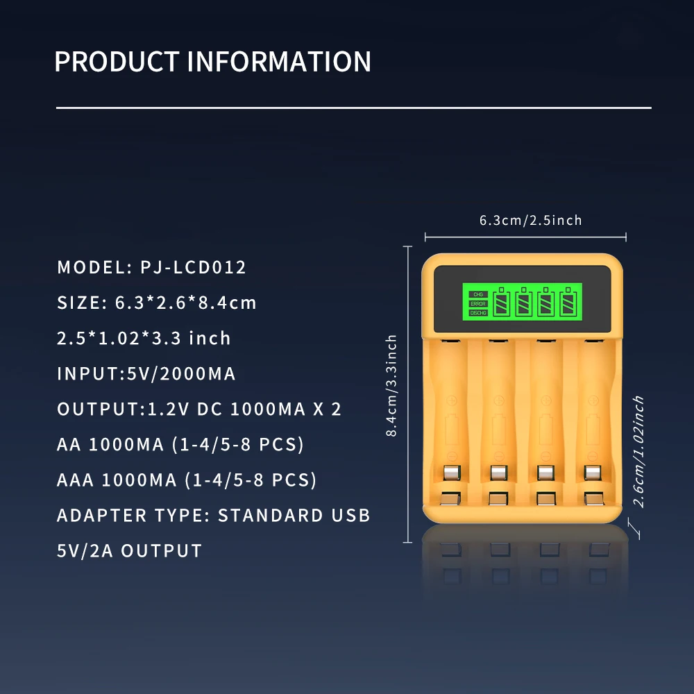 Ładowarka do akumulatorów Chicnod LCD012 AA AAA Ni-MH Ni-Cd, 4-gniazdowa ładowarka z wyświetlaczem LCD, inteligentna ładowarka USB Type-C — zdjęcie produktu 6