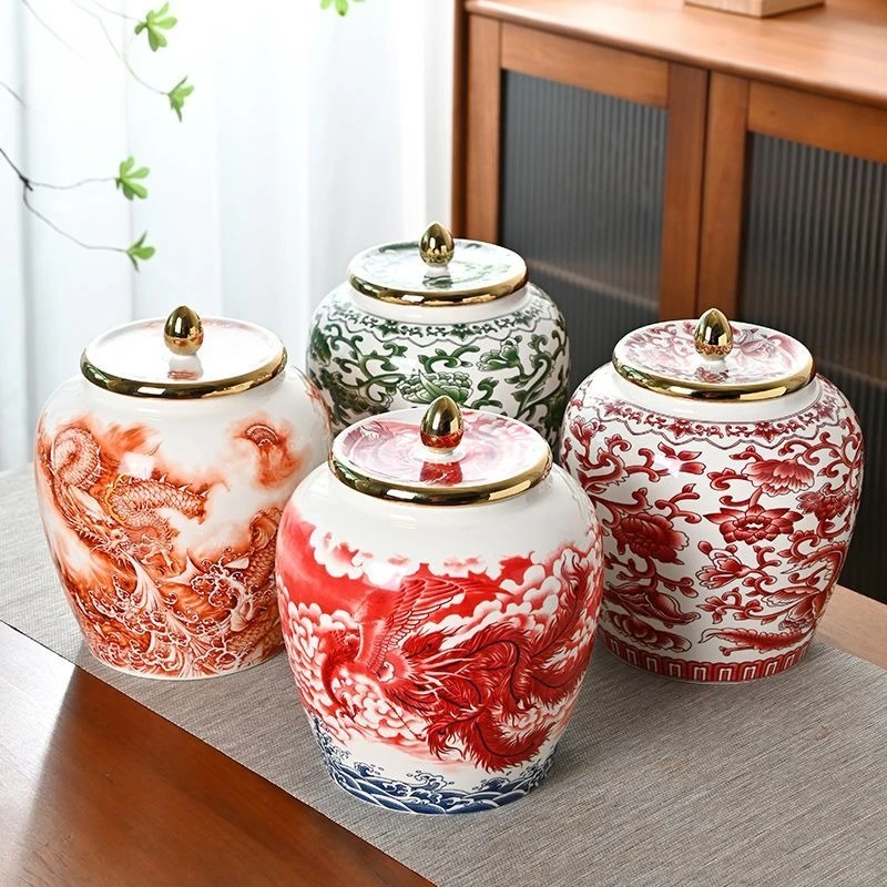 

Креативная керамическая банка для хранения в виде лотоса с переплетенным драконом, роскошная позолоченная влагостойкая герметичная банка, декоративная банка для хранения большой емкости
