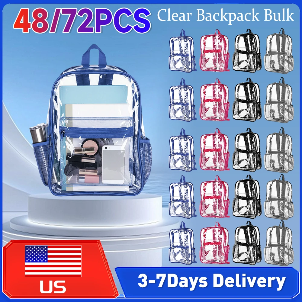 

48/72 PCS PVC Clear Backpack Bulk Heavy Duty 15 Inch See Through Bookbag Stadium Approved for College Travel Sport Work Supplies