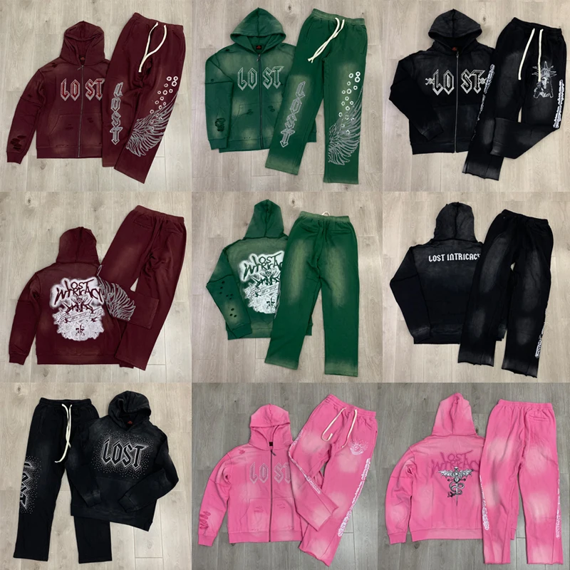 Lost Intricacy Sportswear American Wash Old Hot Diamond Letter Print Sweatpants الرجال High Street الهيب هوب هوديي