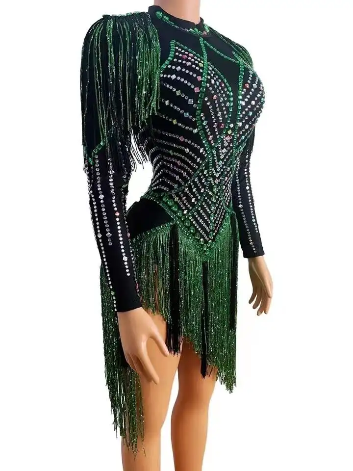 Traje de club nocturno, ropa de escenario, leotardo con borlas y diamantes de imitación brillantes, traje de baile Sexy con flecos negros y verdes