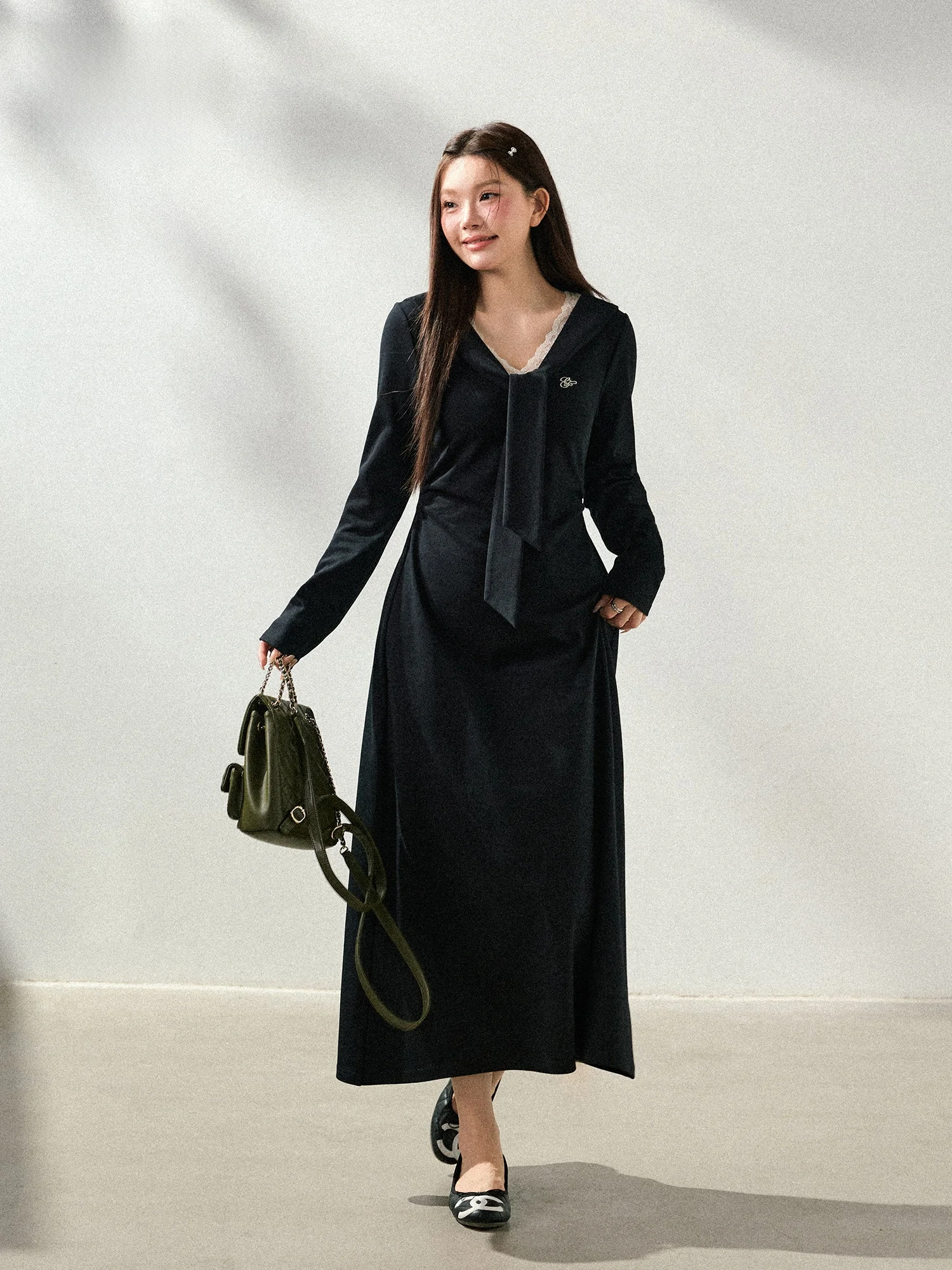 

Элегантное платье больших размеров с кружевным воротником и декоративной отделкой на талии, в корейском стиле, для повседневной носки, свободного кроя, с завышенной талией