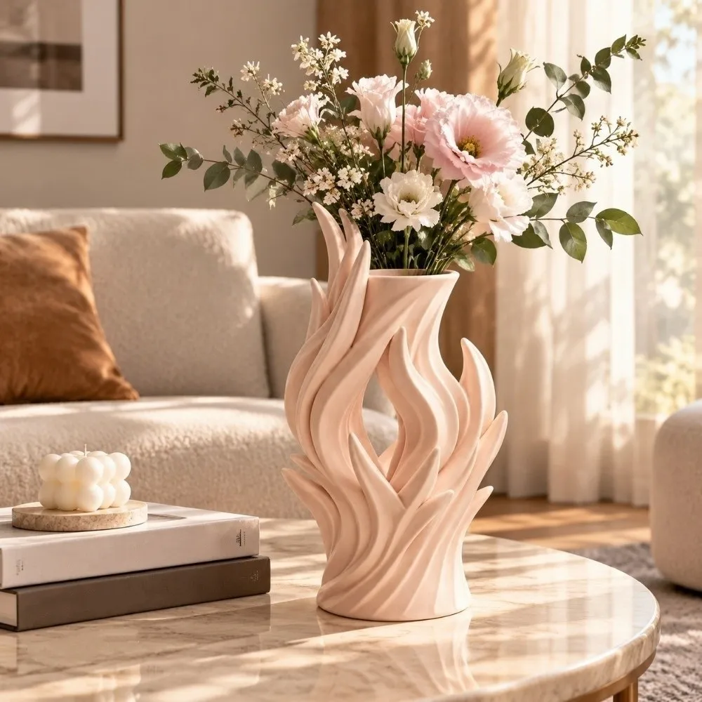 Flower Holder 3D Printed Irregular Vase Twisted Wave Minimalist Artistic Flame Vase Hollow Out Flower Container Home Decor