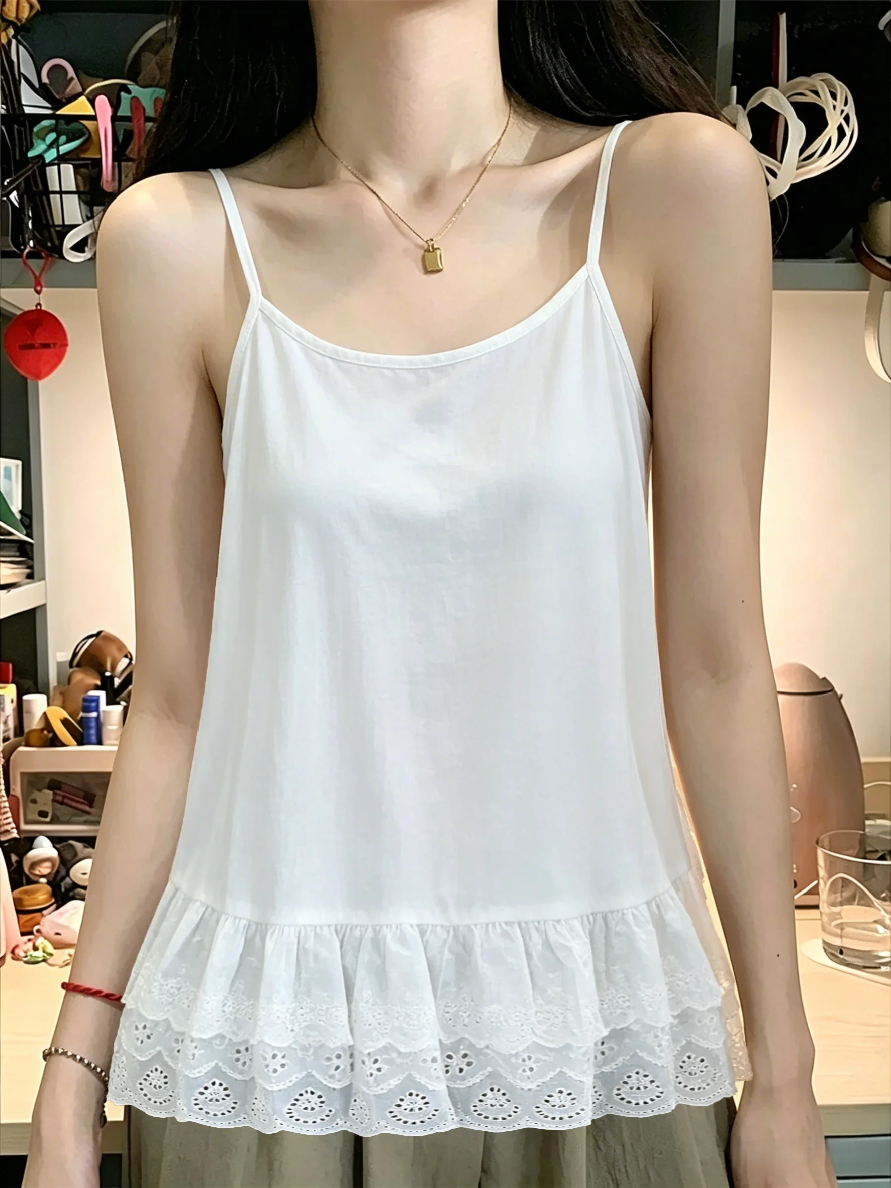 Women's Loose Cotton Lace Tank Top 95% Cotton Layered Wear Base Layer Shirt Summer Season  Color Pattern Simple Style
