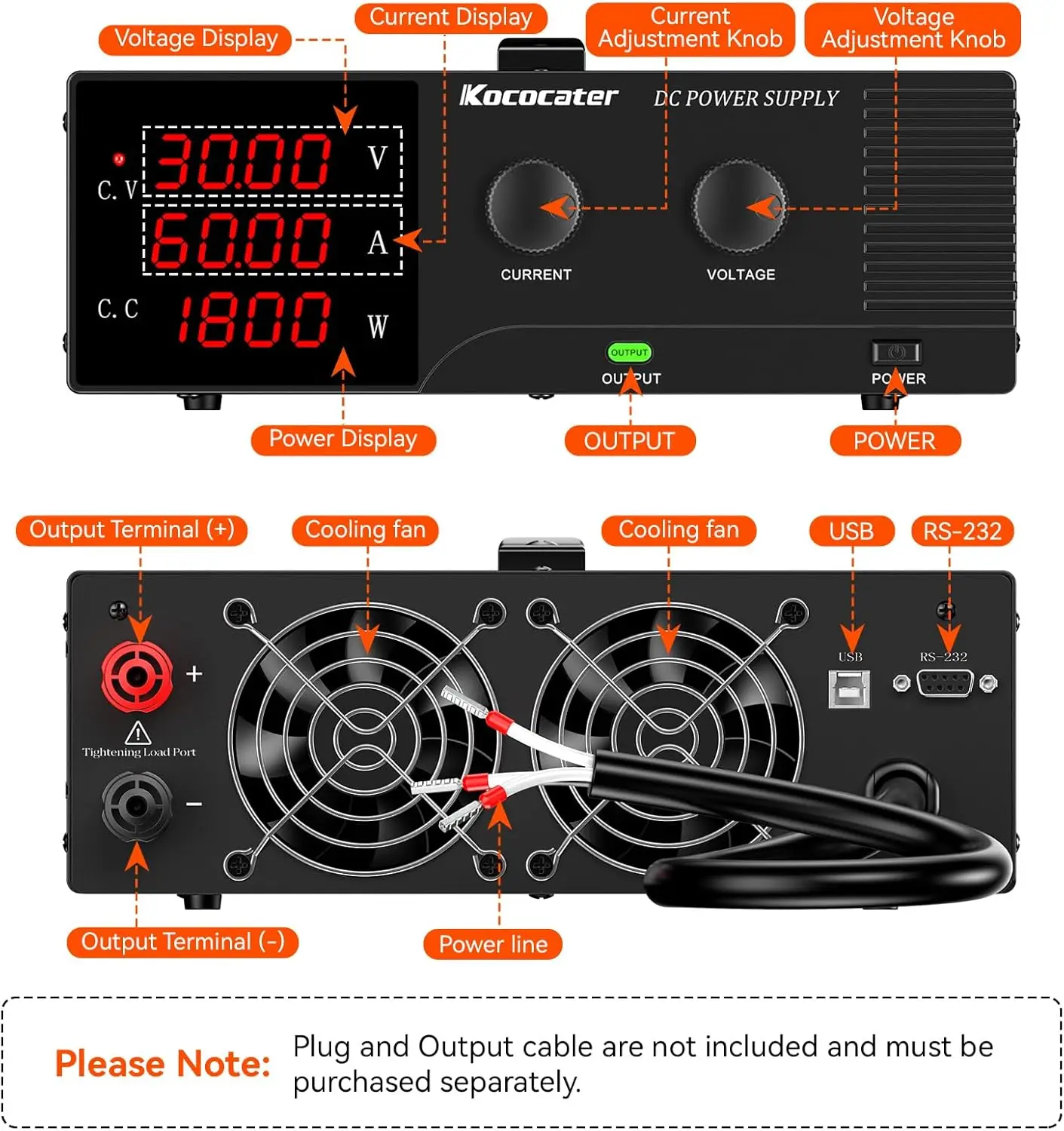 30V 60A High Power Dc Power Supply Variable(Plug Not Included), 1800W Adjustable Switching Regulated Dc Bench Power Supply With