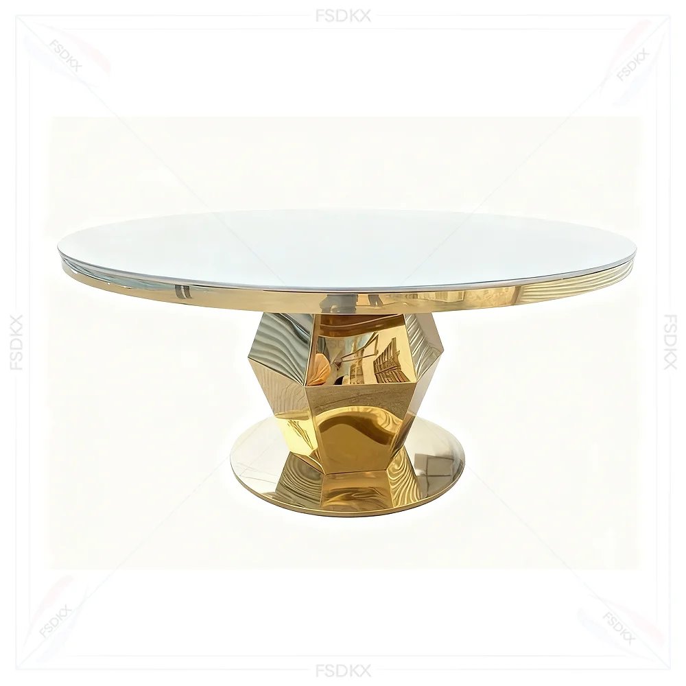 

Luxury round Dining Table Mirror Top Stainless Steel Metal Base FSDKX Hotel Furniture for Outdoor Hall Use for Weddings Hotels