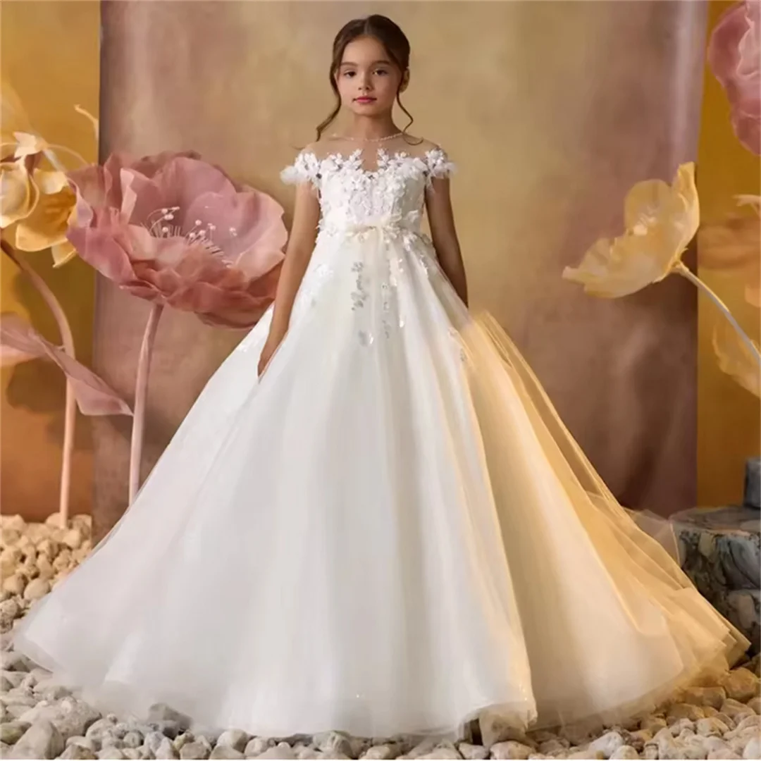 

Customized White Tulle Customized Flower Girl Dresses Appliques With Trailing Short Sleeve For Wedding Birthday Party Banquet