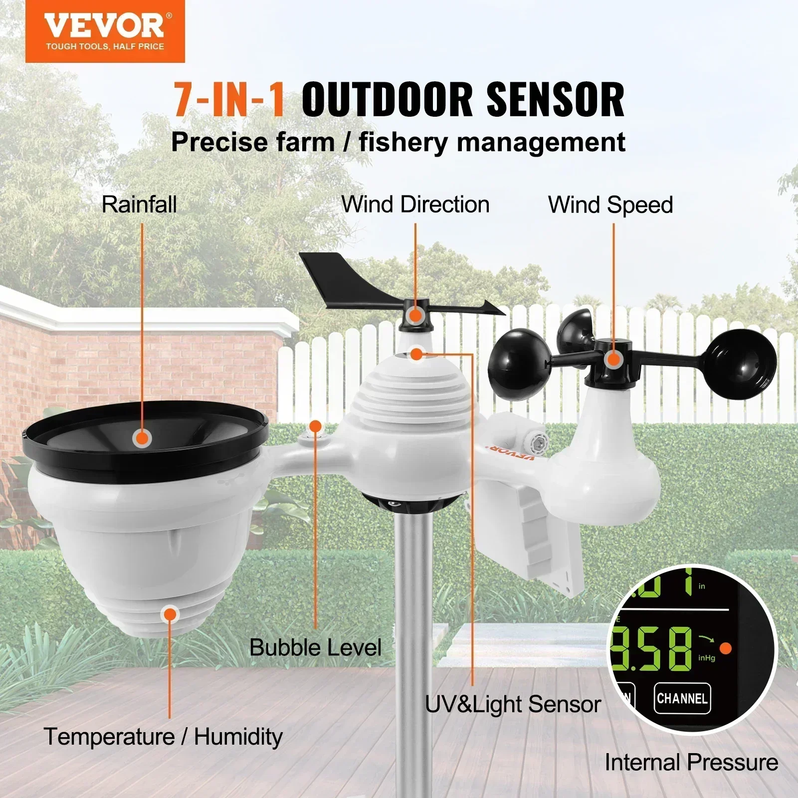 VEVOR 7-in-1 Wi-Fi Weather Station 7.5 in Color Display with Solar Wireless Outdoor Sensor Alarm Alerts for Temperature Humidity