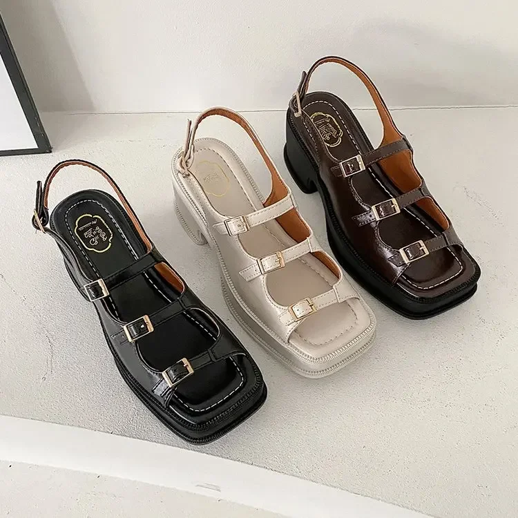 2024 New Platform Sandals Ladies High Heels Summer Women\'s Shoes Wedge Sandals Open Toe Shallow Solid Color Buckle Casual