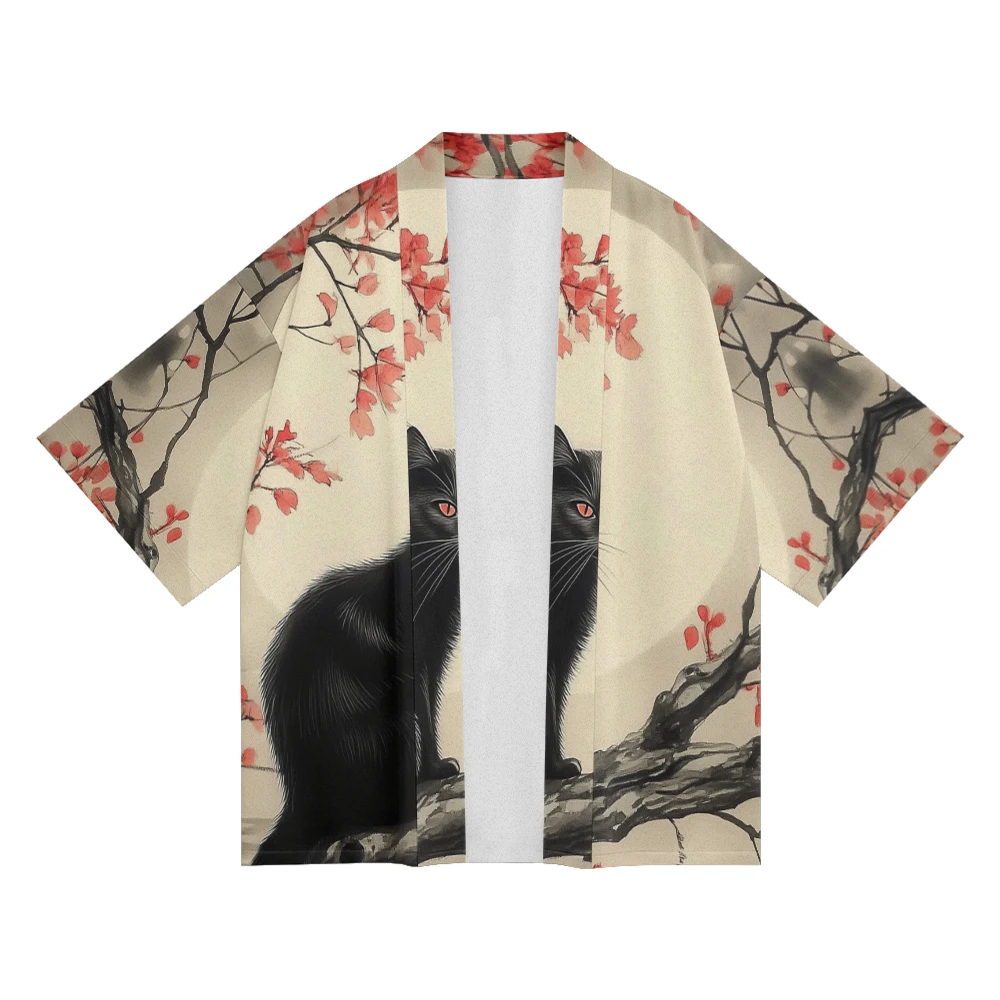 Classic Fashion Simple Kimono Shirt Men's Cherry Blossom Kitten Anime Print Clothing Half-sleeve Sports Quick-drying Tops