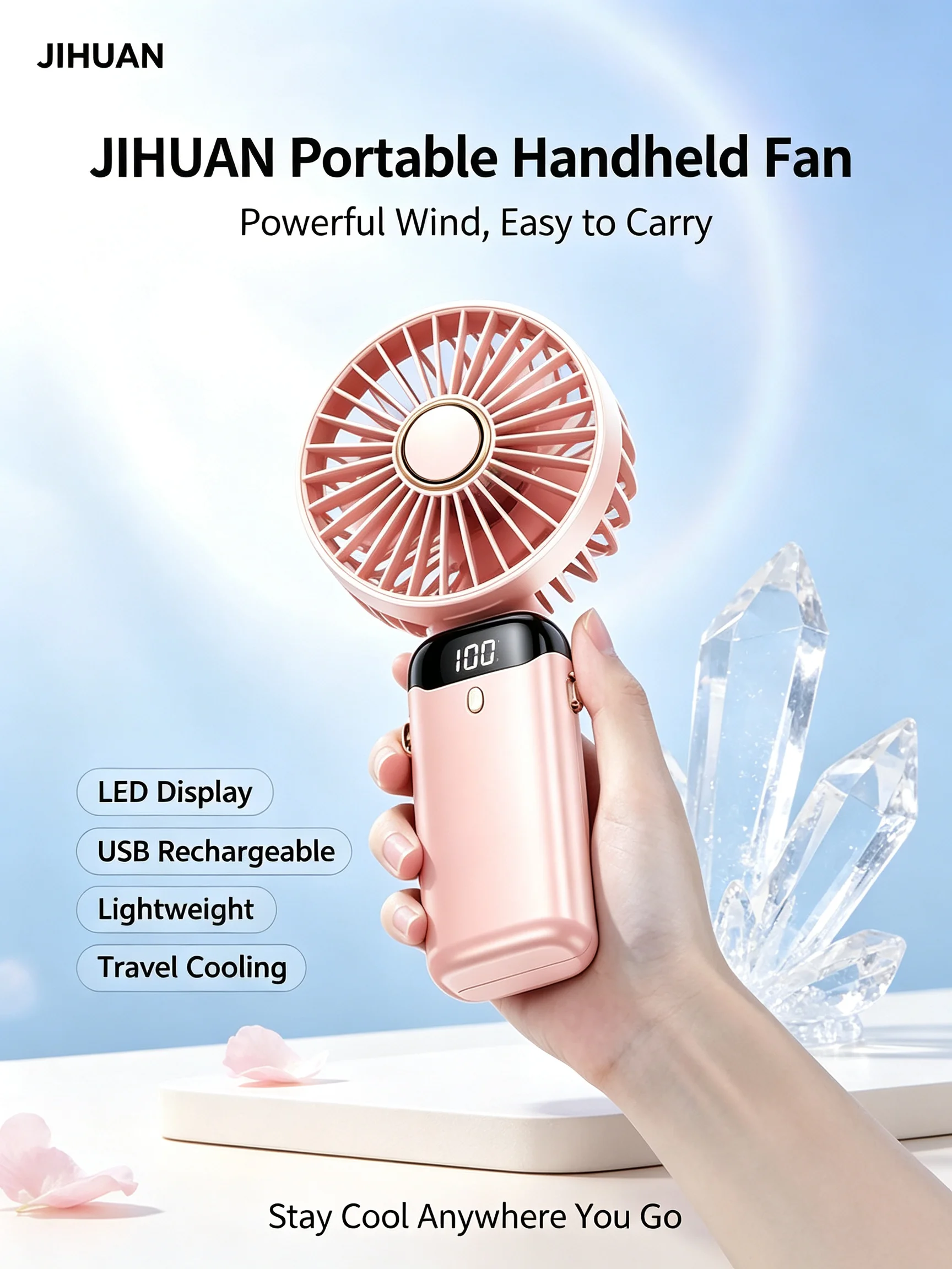 JIHUAN New Portable USB Hand Fan Digital Screen Foldable Aromatherapy Small Desktop Cooling Fan For Travel Outdoor Use