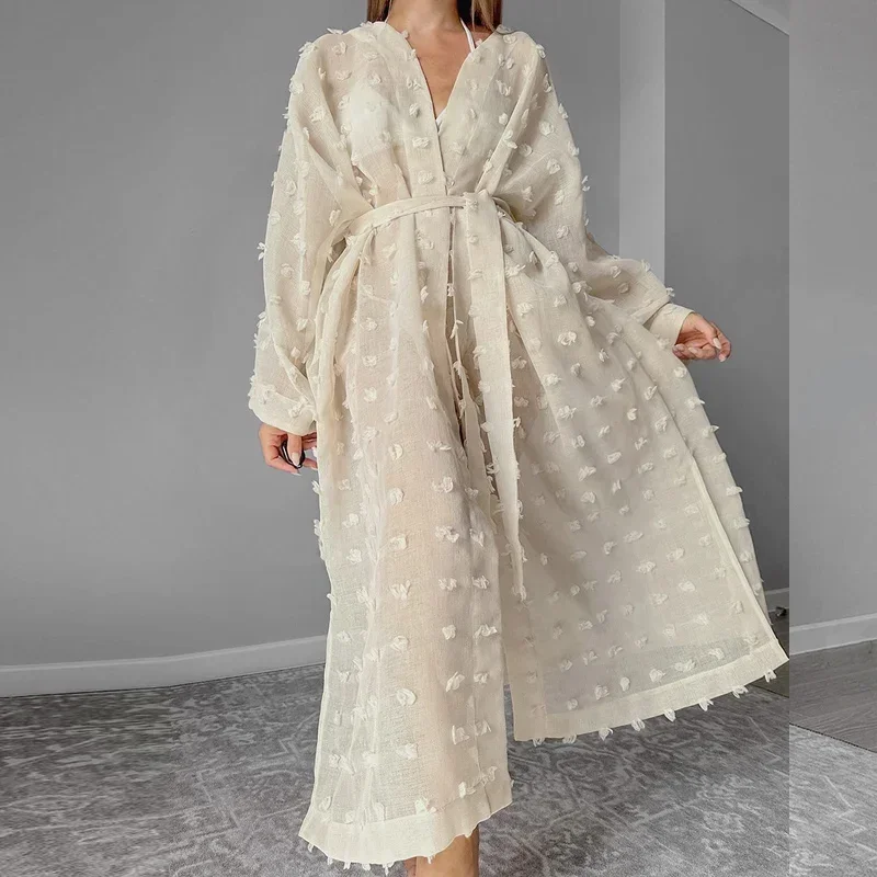 Saia de malha Jacquard Vintage feminina, elegante de gaze, cinto de bandagem pura, vestido longo de festa, casual, roupão solto, primavera, verão, 2022