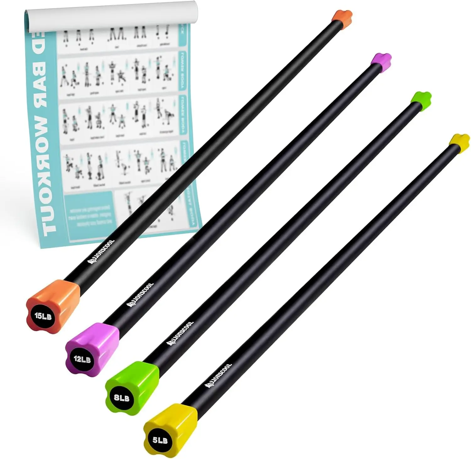 Workout Weighted Bar Set Of 4 - 5/8/12/15LBS, Padded Solid Steel Stretching Exercise Weight Bar set for Body Sculpting