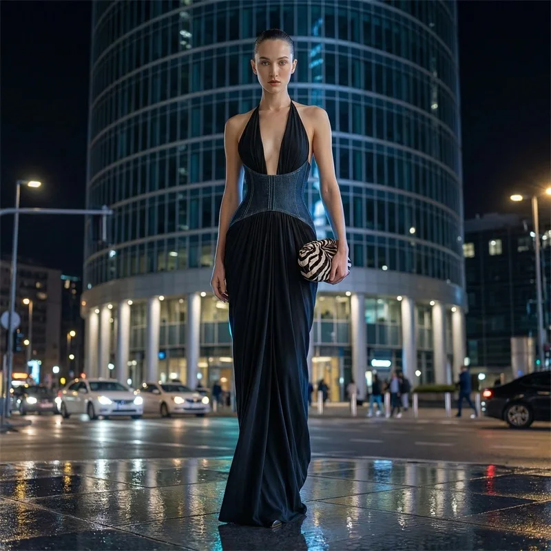 

Black Prom Dress Sexy Sleeveless Backless Halter Neck Denim Blue Party Gown Casual Hot Girl Formal Wedding Guest Birthday Robe