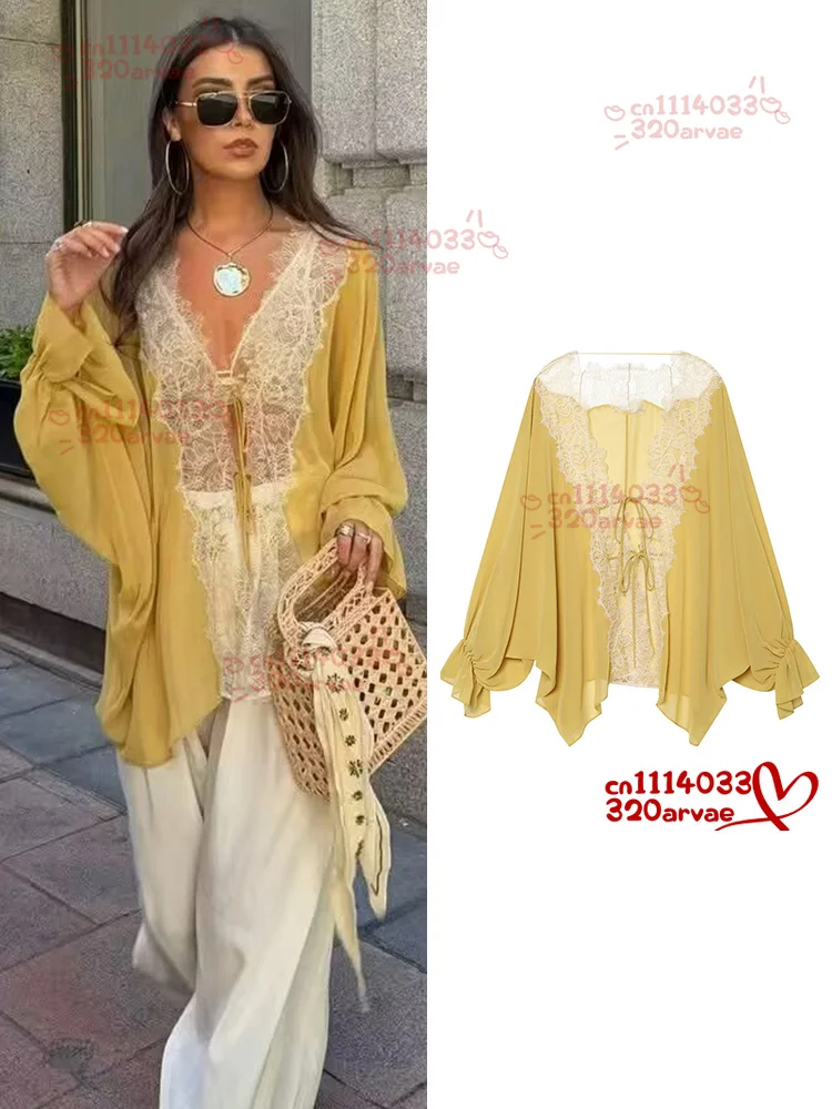 

2026 Women Lace Patchwork Lantern Long Sleeve Shirt Top Tie-up Loose Sheer Blouse Elegant Irregular High Street Fashion Lady