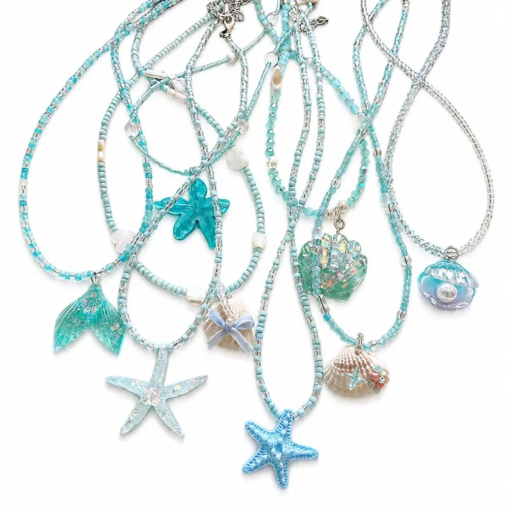 Blue Beaded Shell Necklace Lightweight Starfish Shell Beaded Necklace Non Slip Adjustable Ocean Resort Necklace Beach Vacation