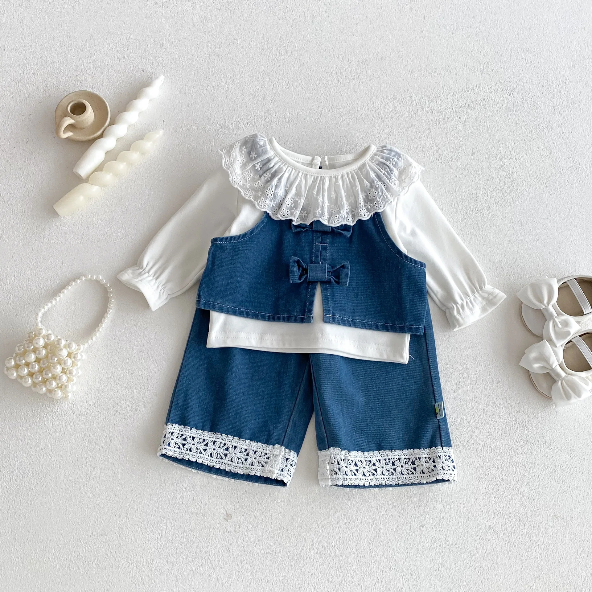 2026 Spring New Baby Girl Sleeveless Clothes Set Girls Cute Denim Sling Vest + Lace Trousers 2pcs Suit Fashion Toddler Outfits