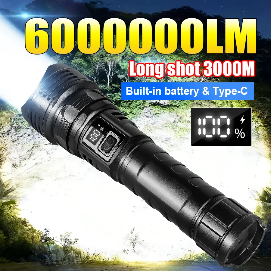 

6000000LM Мощные светодиодные фонарики Type-C, перезаряжаемый фонарик, водонепроницаемый ручной фонарь, уличный фонарь для кемпинга, дальнего выстрела, 3000 м, фонарь для рыбалки