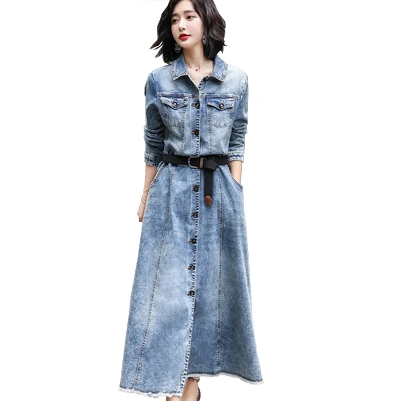 

Fashion Spring Autumn Denim Dress Windbreaker Women Single-breasted X-long Jeans Dresses Belt Slim Elegant Female Casual