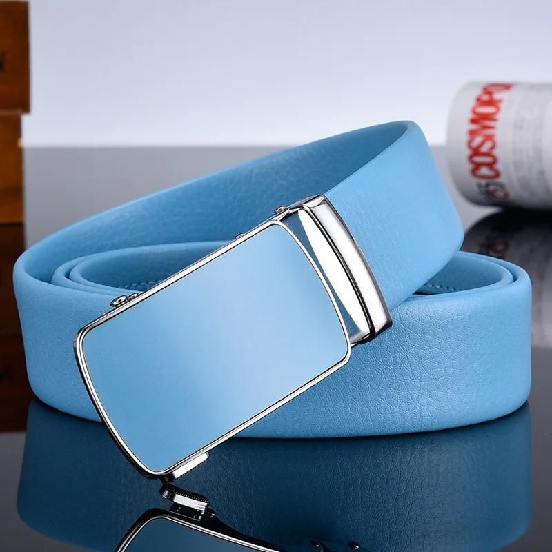 Men and Women Sky-blue Automatic Buckle Belt 2024 New Fashion Male Business Leisure Belt Bandwidth 3CM & 3.5CM