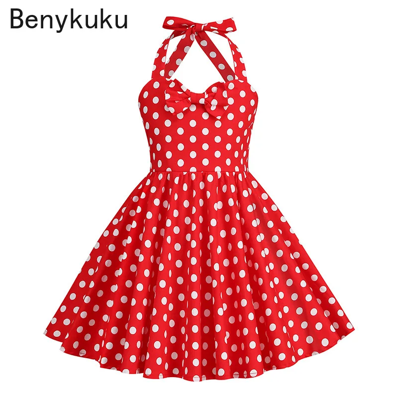 Crianças meninas 50s balanço vintage halter vestido crianças bolinhas cereja morango diário festa de aniversário verão princesa vestido de algodão