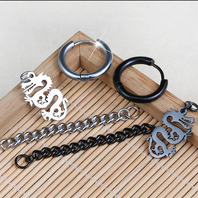 Fashion Dragon Chain Link Earrings for Men Boy Zodiac Sign Chinese Style Punk Earring Stainless Steel Cool Male Jewelry