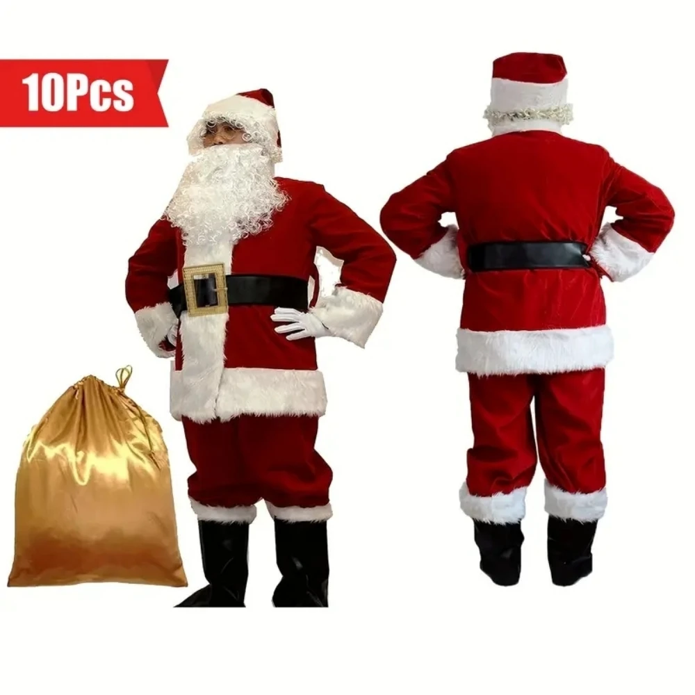 

10pcs/set Santa Suit Christmas Santa Claus Costume for Men Women Adult Costume Santa Cosplay outfit