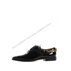 Black Patent Leather Gold Chain Square Toe Loafers Fashion Lace Up Men Shoes Luxury Handmade Party Feast Office Men Dress Shoes