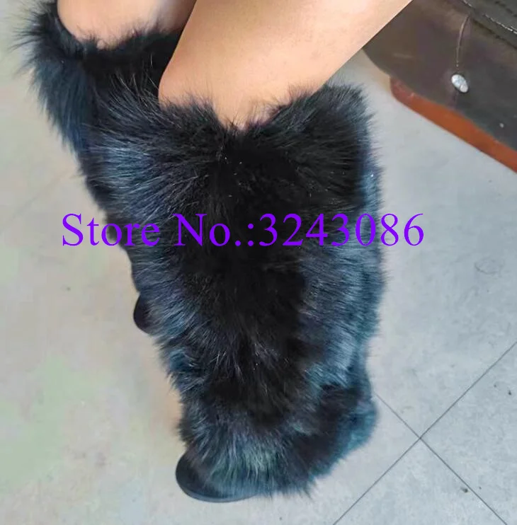 

Fox Fur Warm Lady Long Boots Sexy 8cm Increasing Heel Wedge Snow Boots Woman Fashion Platform Knee High Boots