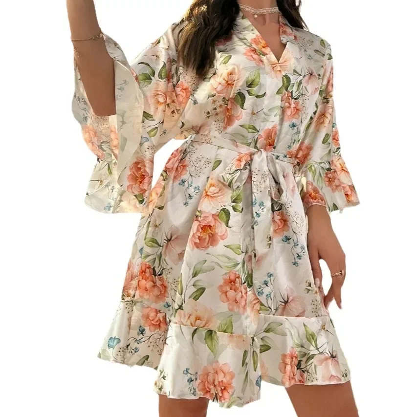 Spring Summer New Women's Sleepwear Robe Print Flower Kimono Bathrobe Gown Loose Night Dress Home Wear Ice Silk Loungewear