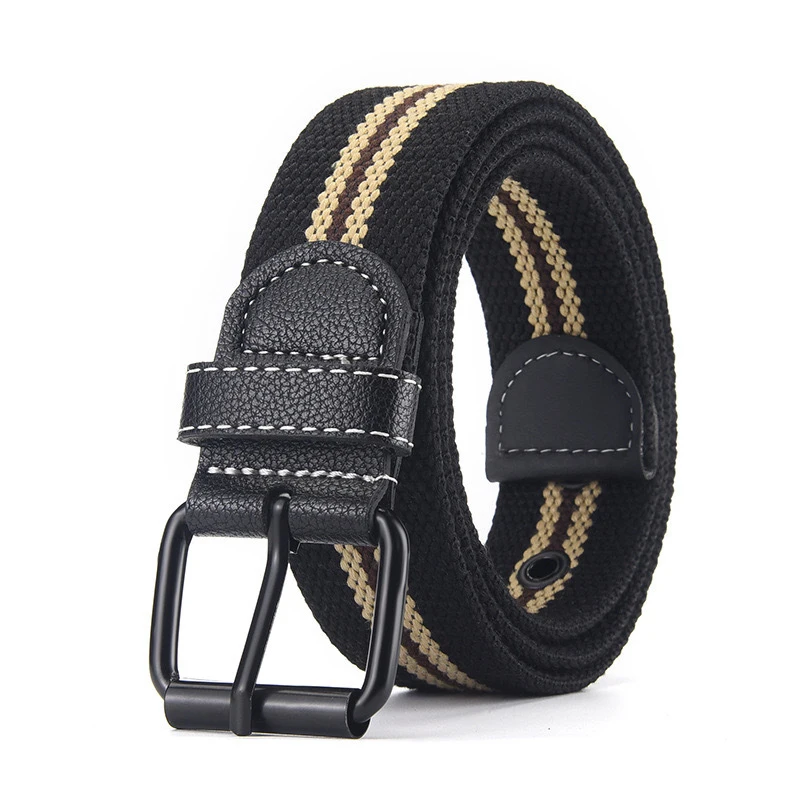 Classic Black Buckle Canvas Strap, Unisex, Stylish Multi-Functional Casual Pants with Woven Leather Belt