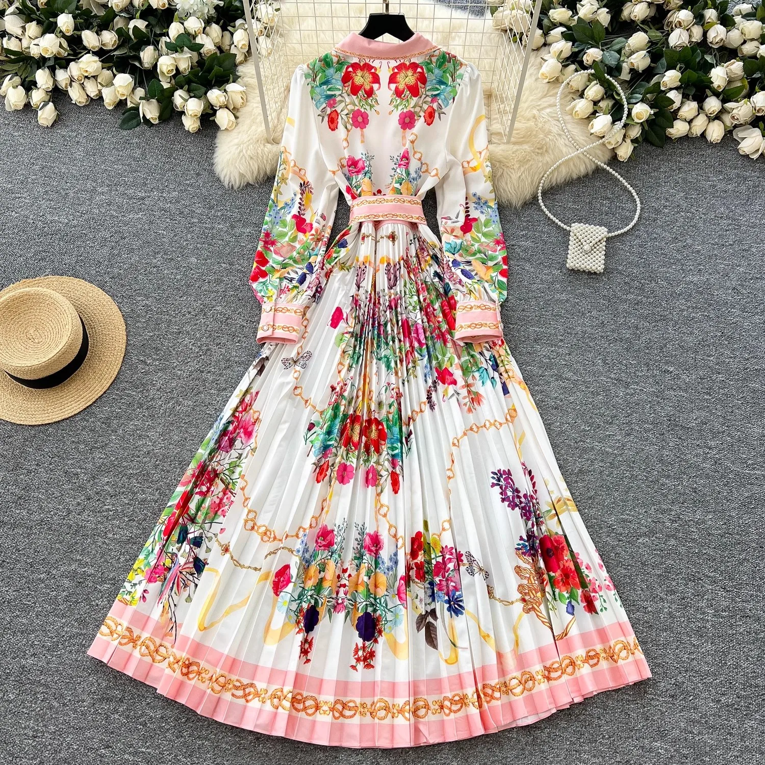 French Elegant Lace Splicing Pleated Dress Women\'s Lapel Long Sleeve Sashes Buttons Party Dress Female Casual Holiday Clothing