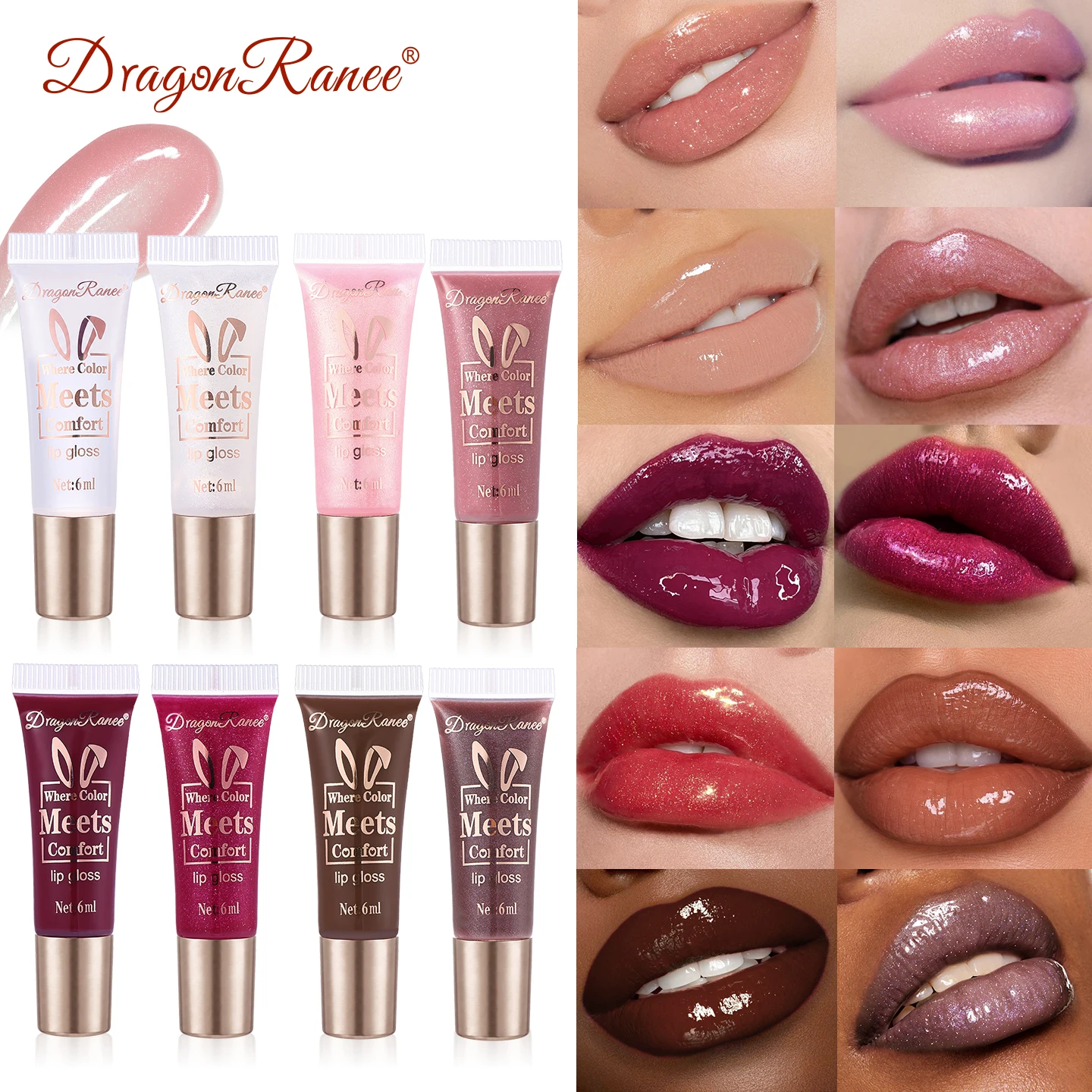 Dragon Ranee 12 Colors Squeeze Tube Lip Gloss Angled Tip Shiny Mirror Lip Glaze Hydrating Plumping Sheer Lip Oil Long Lasting Mo