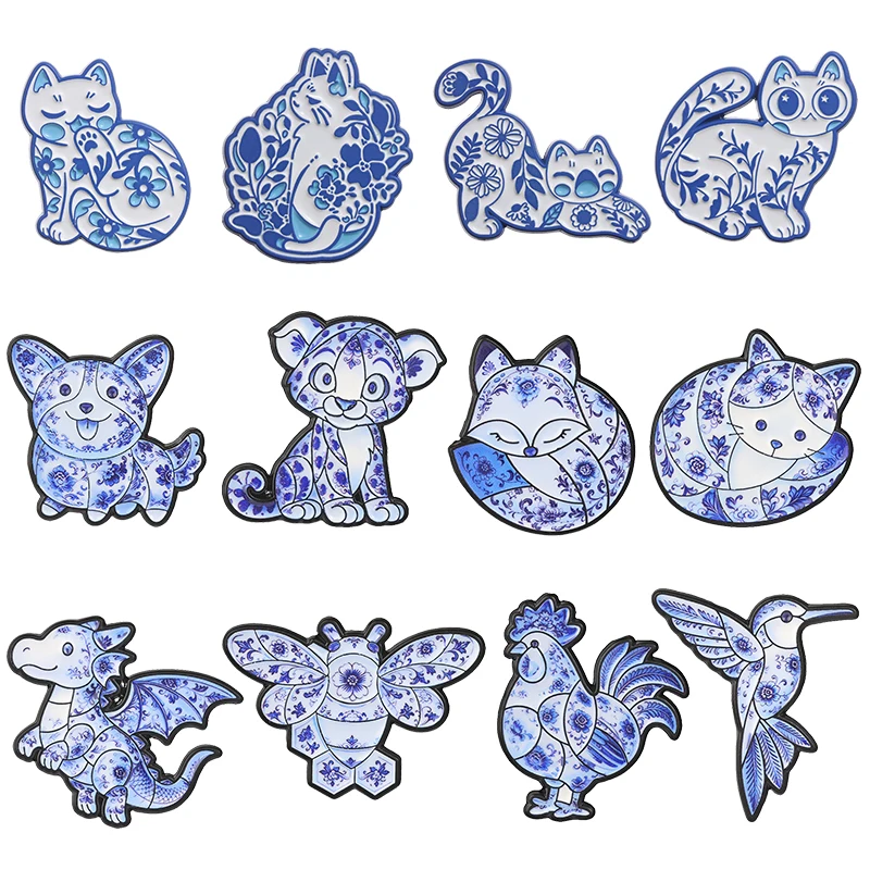 Blue White Mediterranean Floral Animal Cartoon Enamel Pin Badge Retro Ceramic Cat Fox Tiger Dog Pin Bag Lapel Badge Jewelry Gift