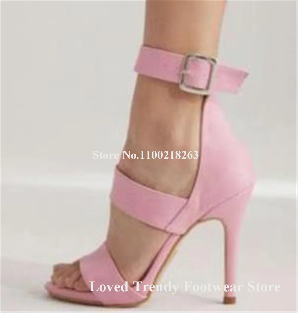 

Elegant Women Pink White Suede Thin Heel Gladiator Sandals Open Toe Ankle Buckles Stiletto Heel Dress Shoes Party Heels Big Size