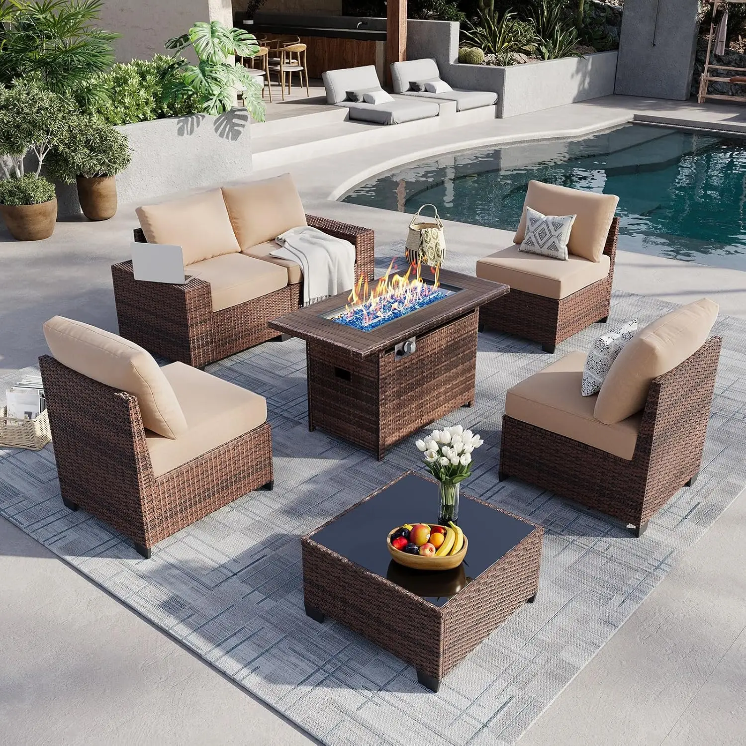 Outdoor Furniture With Fire Pit Table - Conjunto de Muebles de Patio de