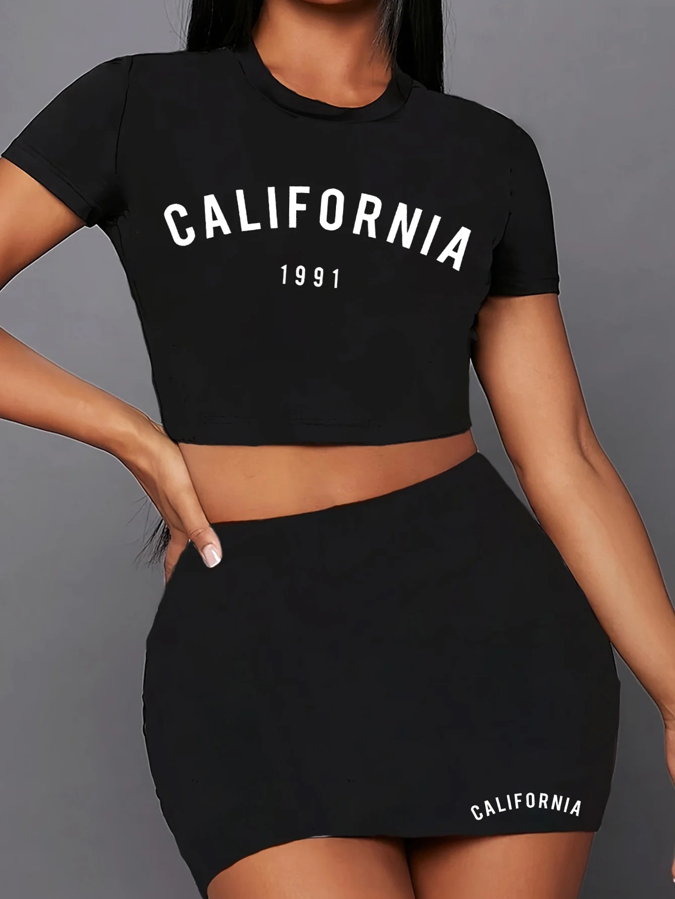 usa california letter print two piece set, short sleeve round neck t-shirt & skirts, women's clothing